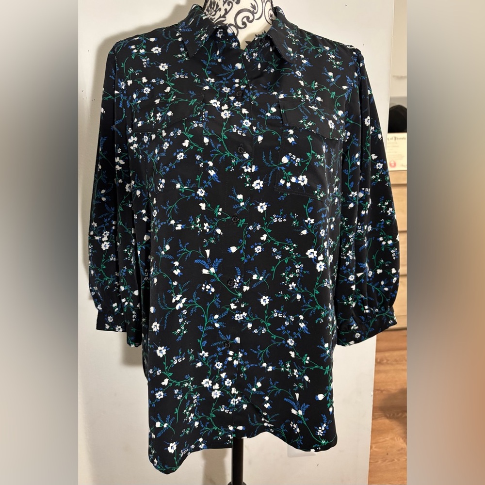 Karl Lagerfeld Black Blouse with Blue and White Floral Design
